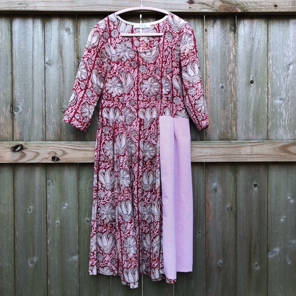 Patchwork Mixed Print Midi Dress Gauzy Red Floral Stripe Lagenlook